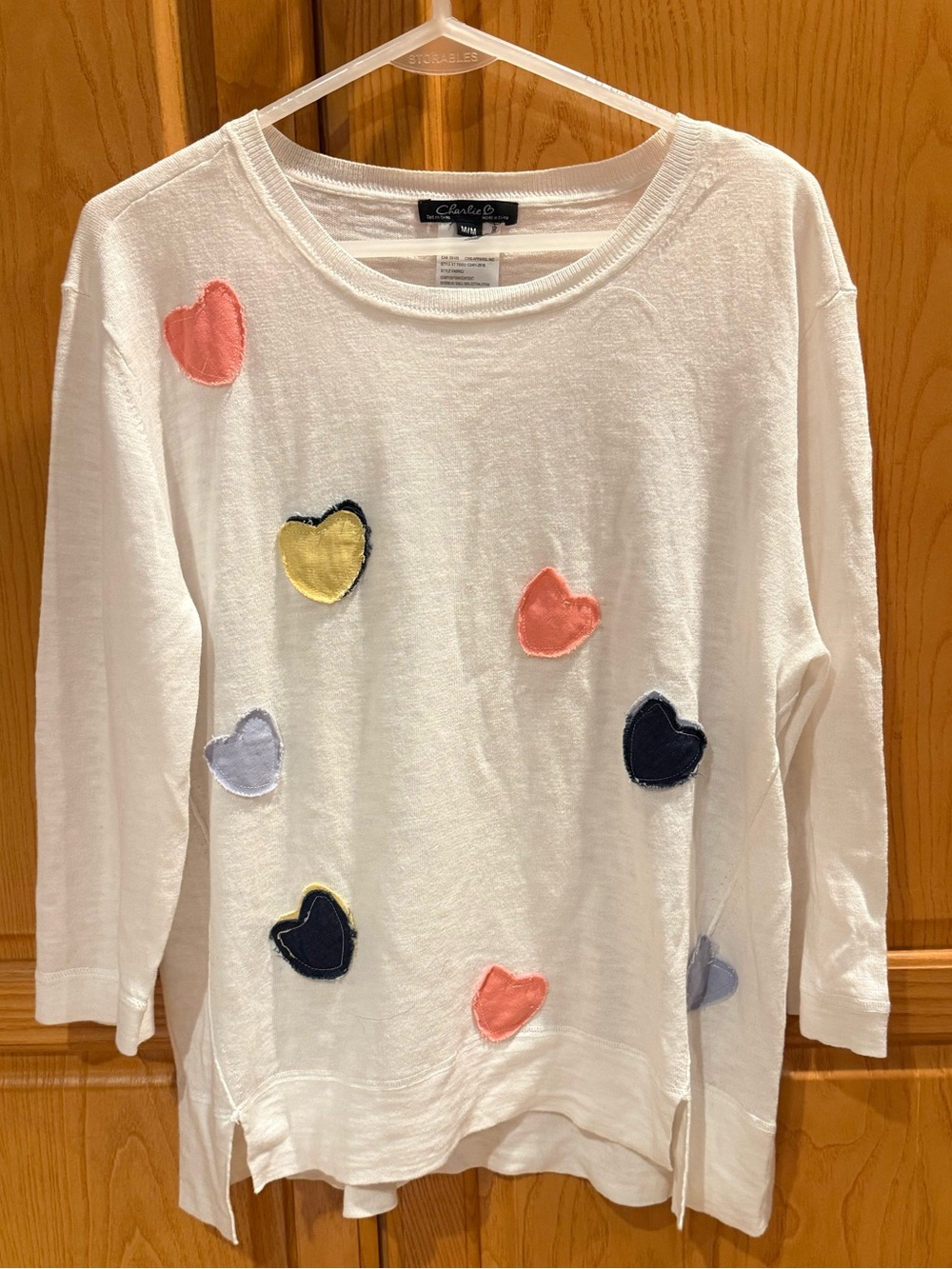Charlie B White Sweater with Multicolor Heart Appliqués 3/4 Sleeve Small